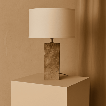 Travertin Lampe - Eleganter Naturstein mit Baumwollschirm