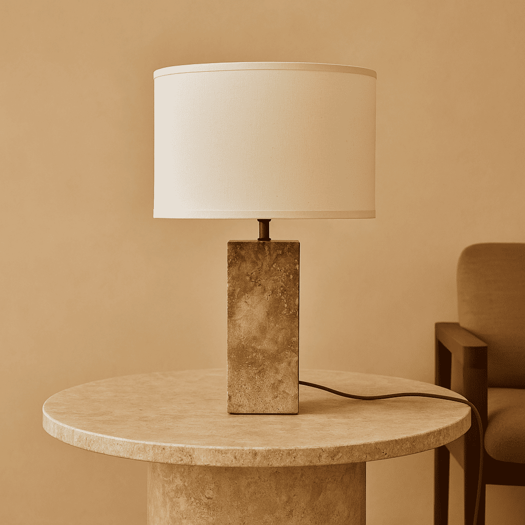 Travertin Lampe - Eleganter Naturstein mit Baumwollschirm