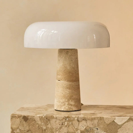 Handgefertigte Travertin Lampe mit Glasschirm beige weiss SONVELIA