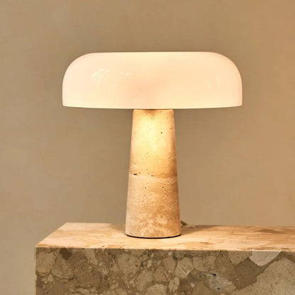 Handgefertigte Travertin Lampe mit Glasschirm beige weiss SONVELIA