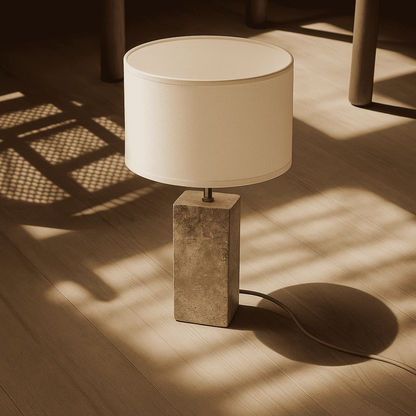 Travertin Lampe  Naturstein Baumwollschirm beige weiss SONVELIA