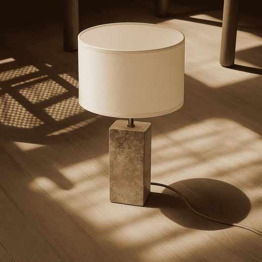 Travertin Lampe  Naturstein Baumwollschirm beige weiss SONVELIA
