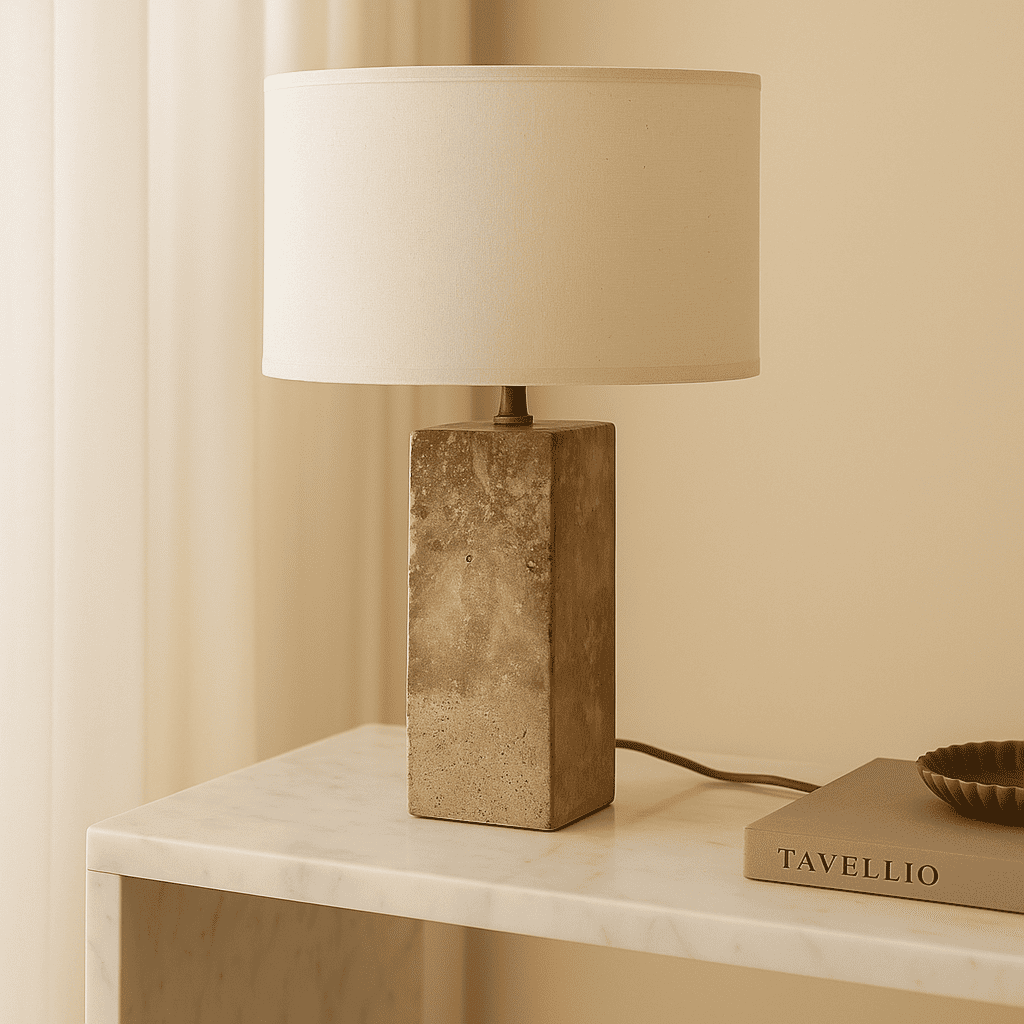 Travertin Lampe  Naturstein Baumwollschirm beige weiss SONVELIA